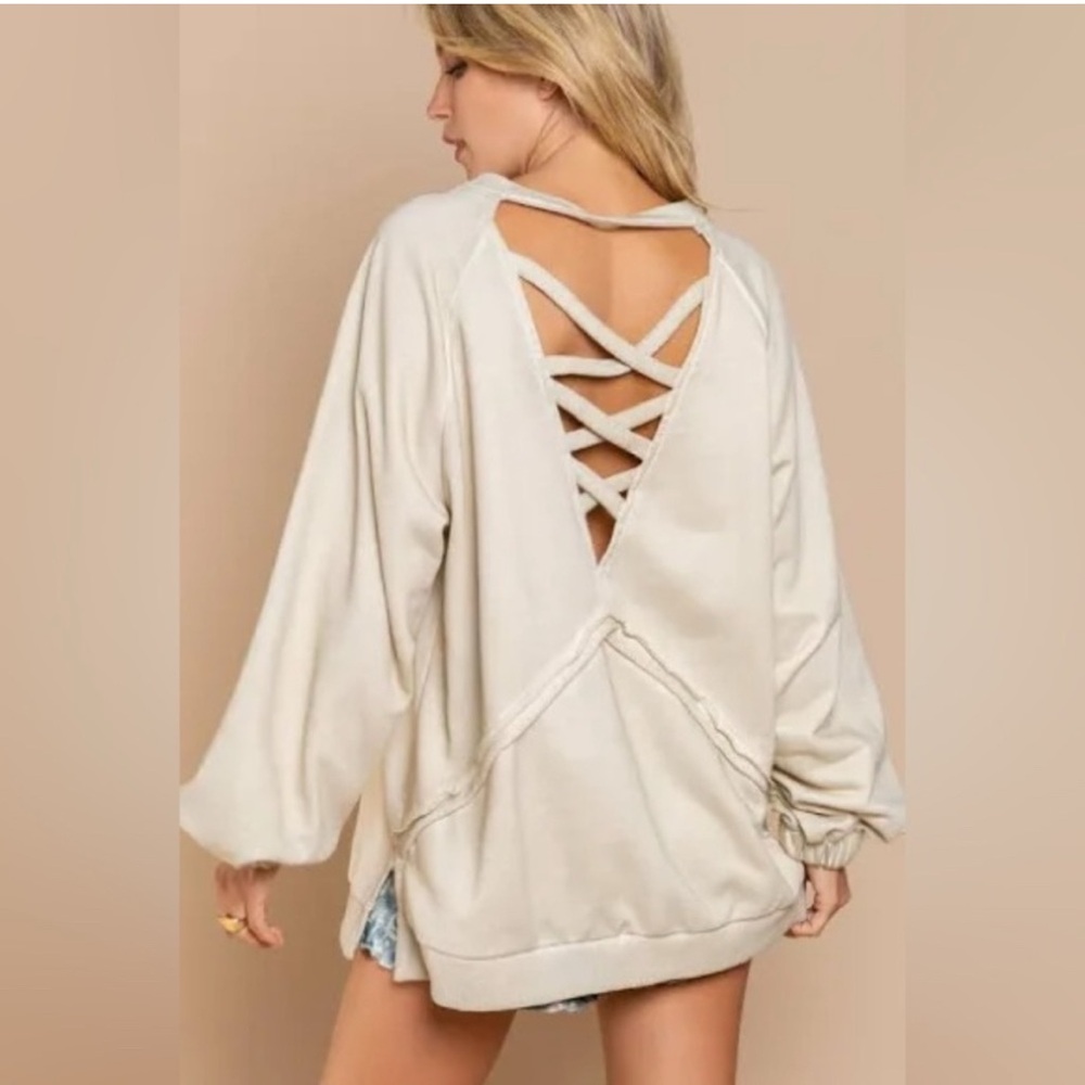 Chrissy Cross Back Balloon Sleeve Sweatshirt (#1288)